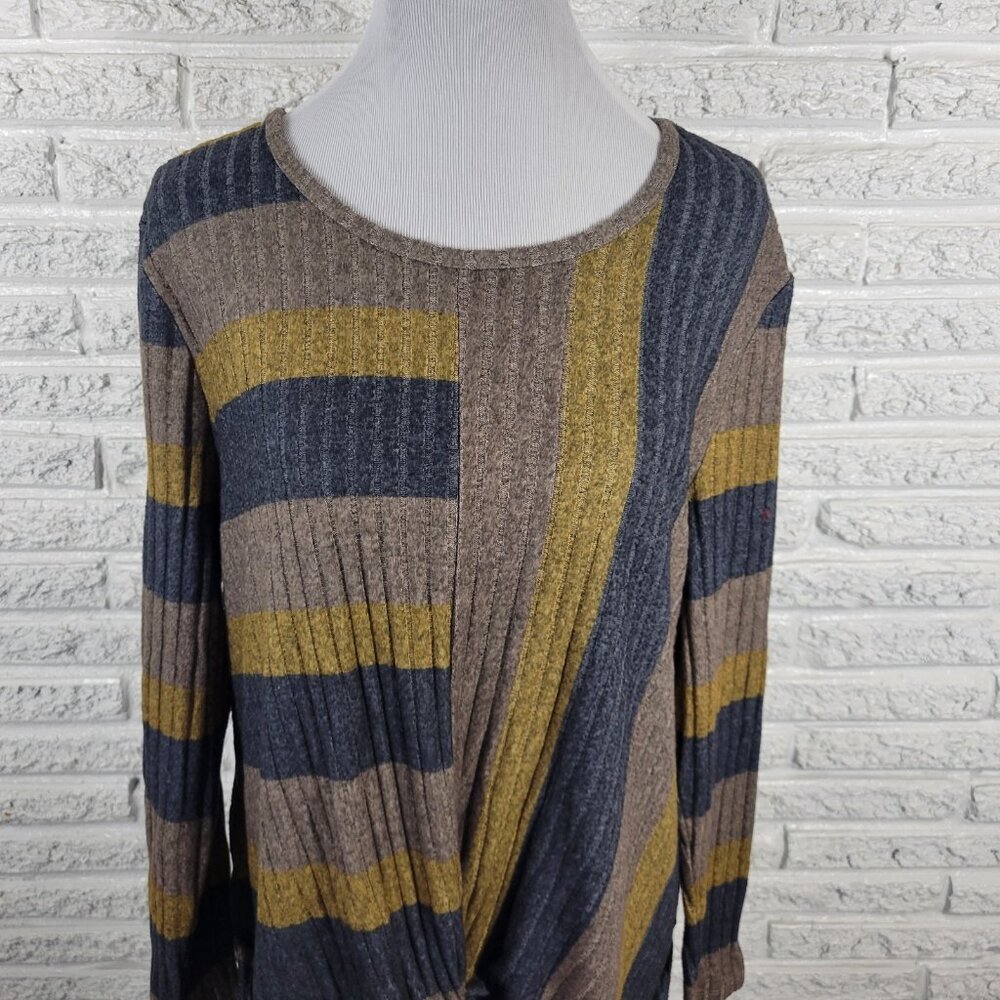 One World Live Let Live XL Blue Gold Striped Knit Pullover Sweater Knot SWE46E - Picture 3 of 9
